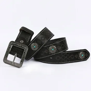 

Pin Buckle Cow Leather Belt Men Retro Ethnic Style Genuine Leathers Belt Sculpture Alloy Embossing Dance Belt Inlaid Gemstone