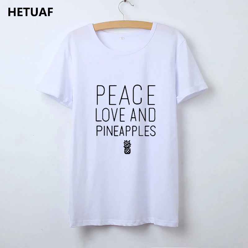 HETUAF Женская хлопчатобумажная рубашка Peace Love и ананасы Графический Футболка Femme