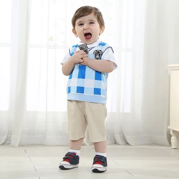 

11.11 baby Birthday official store Clothing Boy Genltman 3 Pieces Newborn Thanksgiving Boys Wedding Suit Bule Plaid Vest Suit