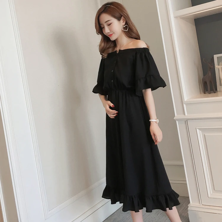 

Shoulderless ruffles collar 2019 Summer breastfeeding dress pregnant woman Out nursing stretched waist lactation party dress