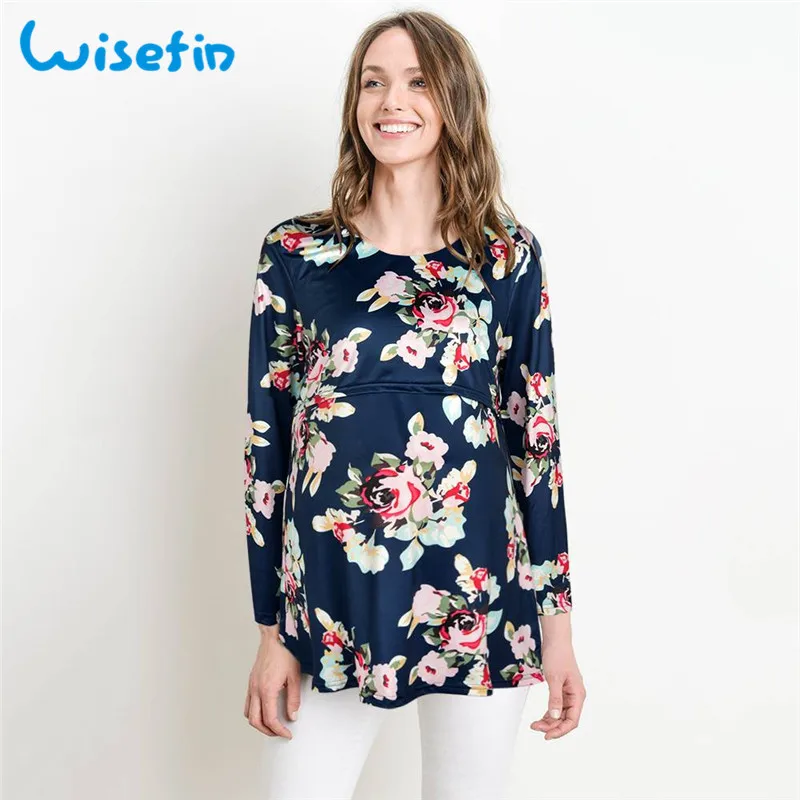 Wisefin Women Maternity Nursing T-Shirt Floral Print Pregnant Clothes Breastfeeding Tee Shirt Tops Long Sleeve Pregnancy Tshirt