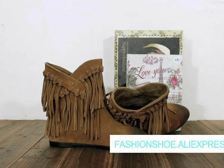 

Woman Fringe Ankle Boots Suede Casual Slip On Wedge Boots Autumn Winter Western Design Woman Round Toe Height Increasing Boots