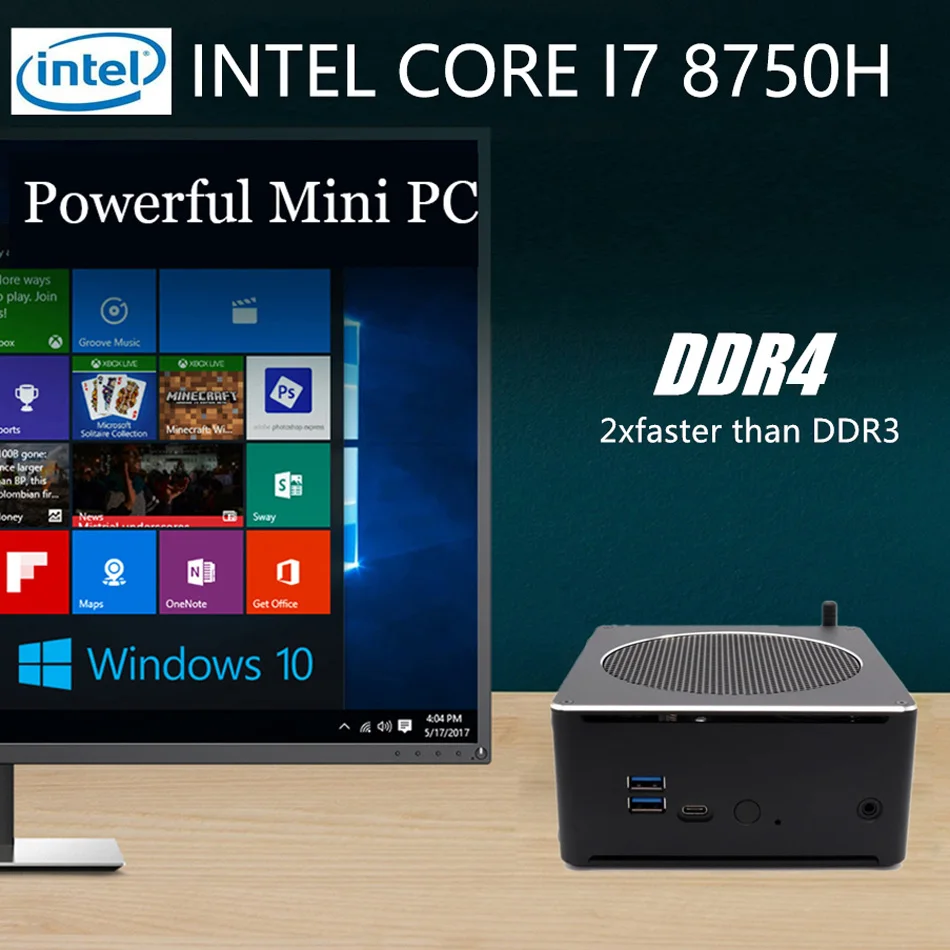 Мини ПК, настольный компьютер, с Windows 10 Pro/Linux Ubuntu поддержка, Intel Core I7 8750 H, [HUNSN BY01], [4USB3. 0/HDMI/RJ45/Mini DP]