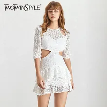 TWOTWINSTYLE летнее сексуальное однотонное женское платье с круглым вырезом и рукавами-фонариками с завышенной талией мини-платья для женщин модная новинка