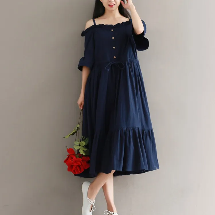 

New Arrival Women Button Lace-Up Midi Dress Solid Slash Neck Butterfly Sleeve Party Dresses