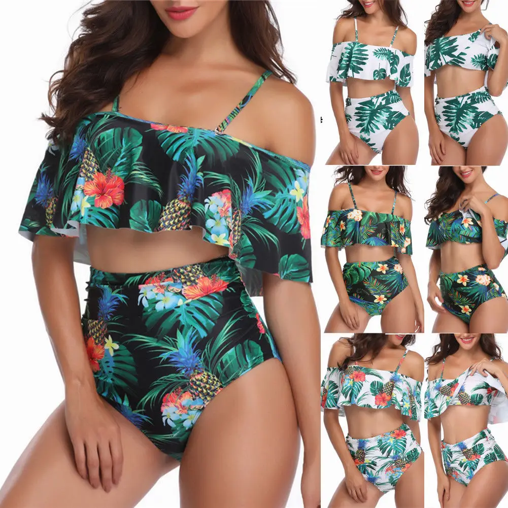 

High Waist Bikini Set Push Up Bra Swimsuit Beachwear Bathing Suit Swimwear Women Plant Print Ruffles Summer Hot Swimsuits Soft