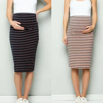 

New Pregnant Women Mami Skirt Fashion Casual Comfy Skirt Cotton Maternity Long Striped Slim Fit Daily Skirt