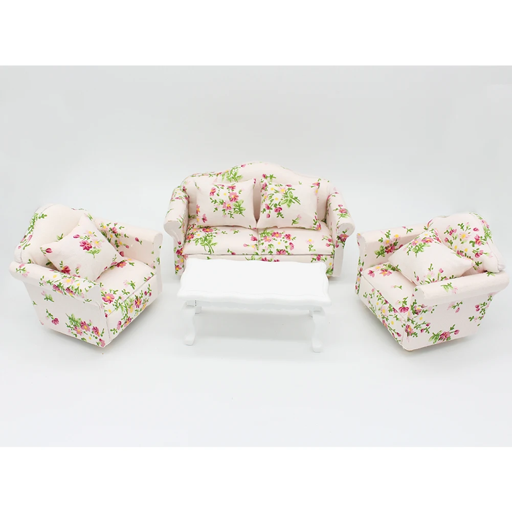 

1:12 Modern Style Miniature Pink Floral Sofa Cushion Armchair Fabric Chair Simulation Living Room Furniture Sofas Coffee Table