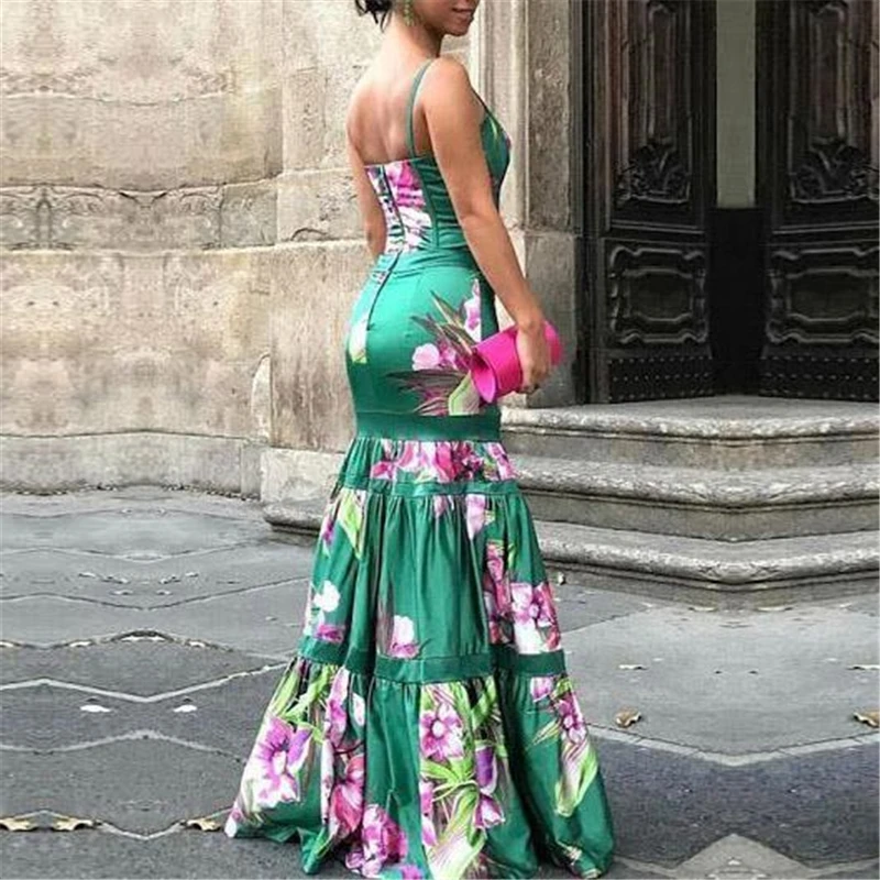 2019 النساء الأزهار طباعة ألف خط اللباس الإناث أنيقة الخامس الرقبة السباغيتي حزام حزب اللباس السيدات ضئيلة الكاحل طول فساتين Vestidos