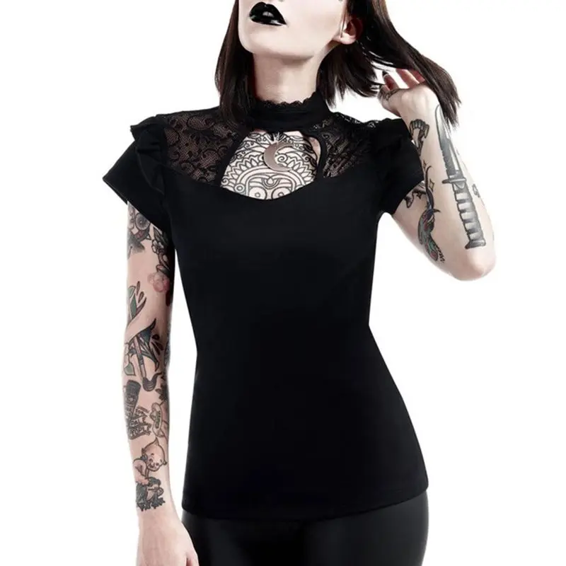 

Women T-shirts Casual Sexy Club Punk Gothic Slim Turtleneck Falbala Hollow Lace Mesh Hole Summer OL Lady Female Cool Chic tshirt