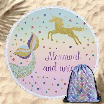 

Microfiber Round Beach Towel Rainbow Mermaid Unicorn Cartoon Beach Mat Tassel Tapestry Kids Yoga Mat Camping Travel Towel 150cm