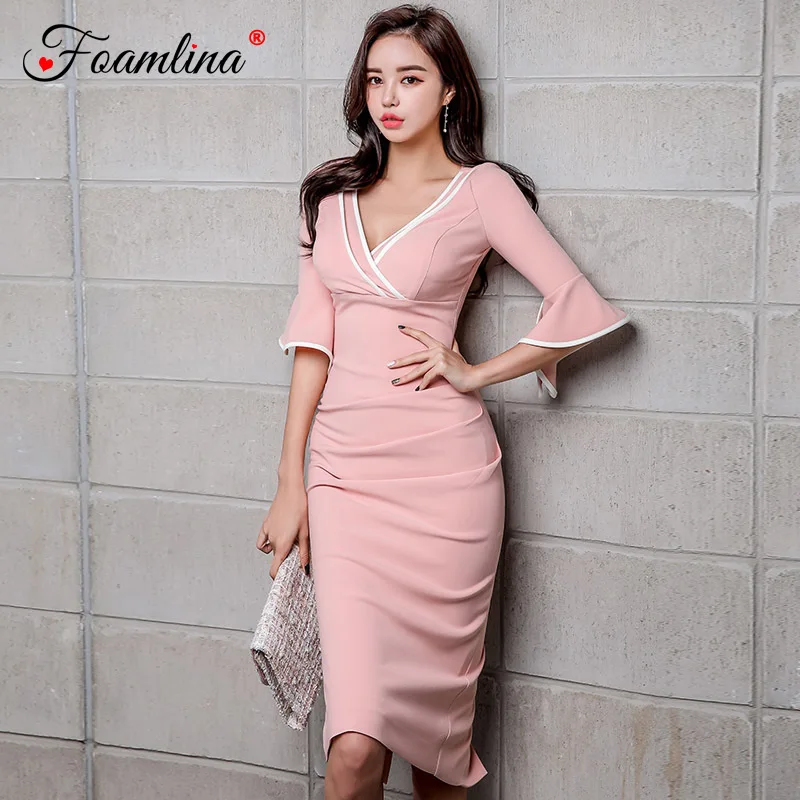 

Foamlina Elegant Women Bodycon Dress Korean OL Fashion V Neck Flare Sleeve Color Match Back Split Work Office Midi Pencil Dress