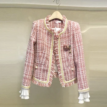 

Autumn Winter 2019 Runway Designer Women Black Red Plaid Jacket Coat Double Breasted Petal Buttons Tweed Female Ladies Clothes
