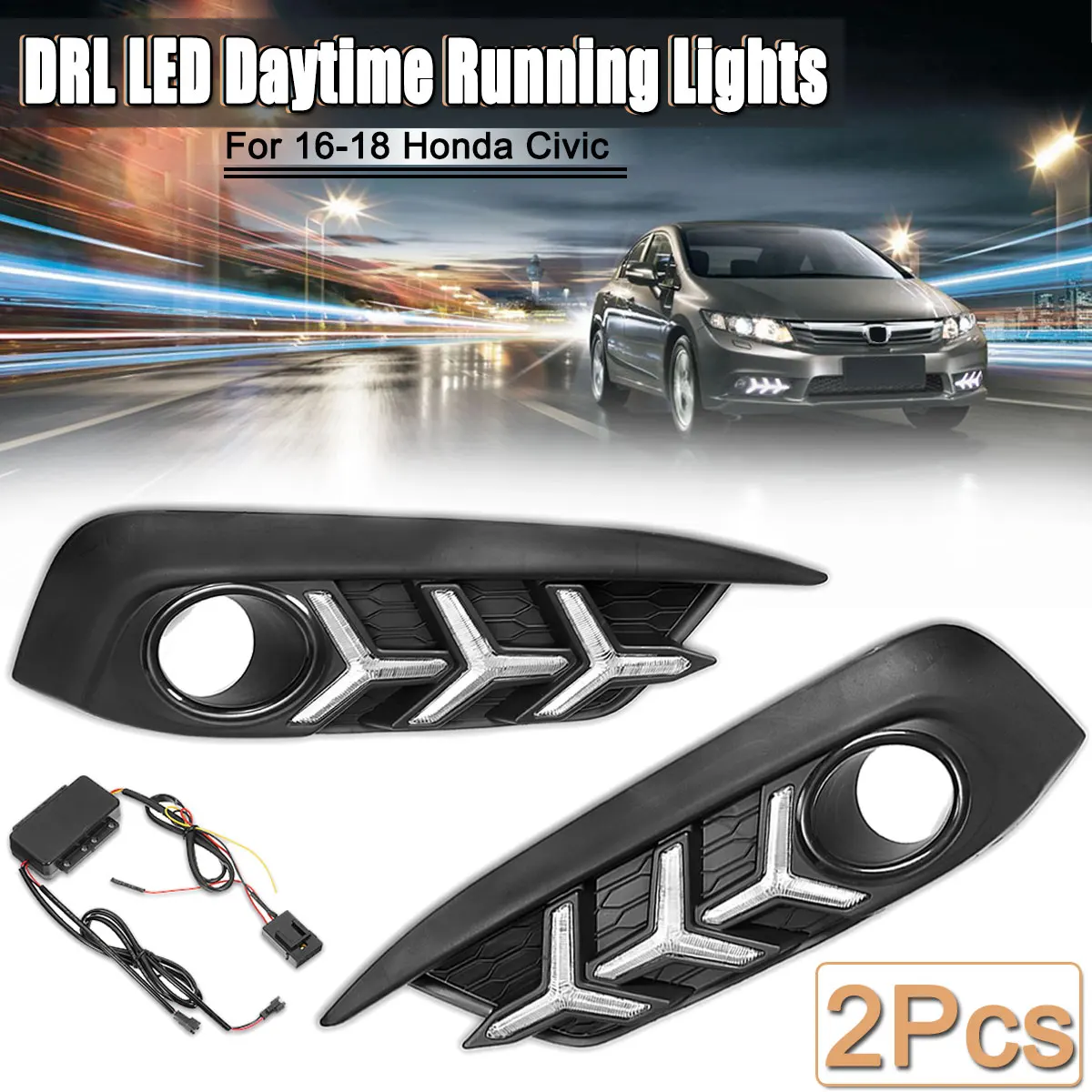 

2Pcs Left/Right LED For Honda For Civic 10th 2016 2017 2018 White DRL Fog Lamp Daytime Running Lights Covers Black