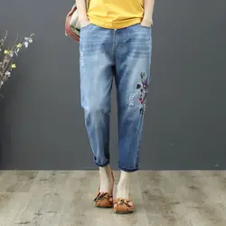 Весна лето женские повседневные свободные подходят винтажные джинсы с высокой талией джинсы Цветочная вышивка по щиколотку брюки