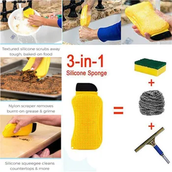 

3 in 1 Multiuse Silicone Sponge Scraper Brush Kitchen Dishes Bath Wash Cleaner Portable Cleaning Brush