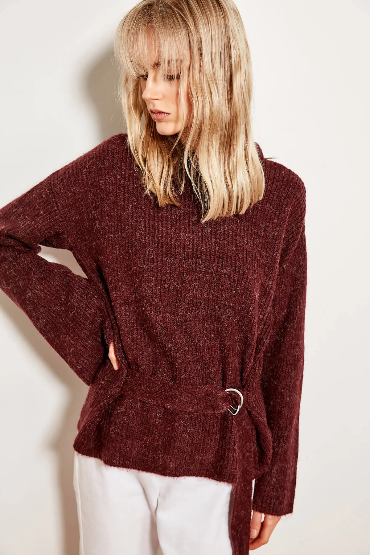 plum coloured knitwear