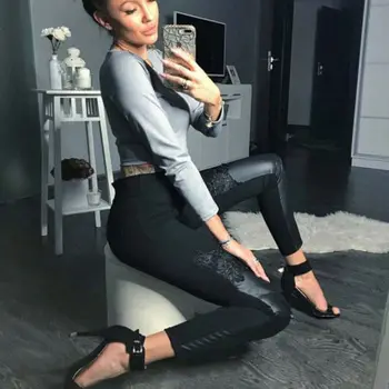 

Women Autumn Sexy High Waist Fitness Lace Stretchy Pants Ladies Casual Solid Black Skinny Slim Trousers