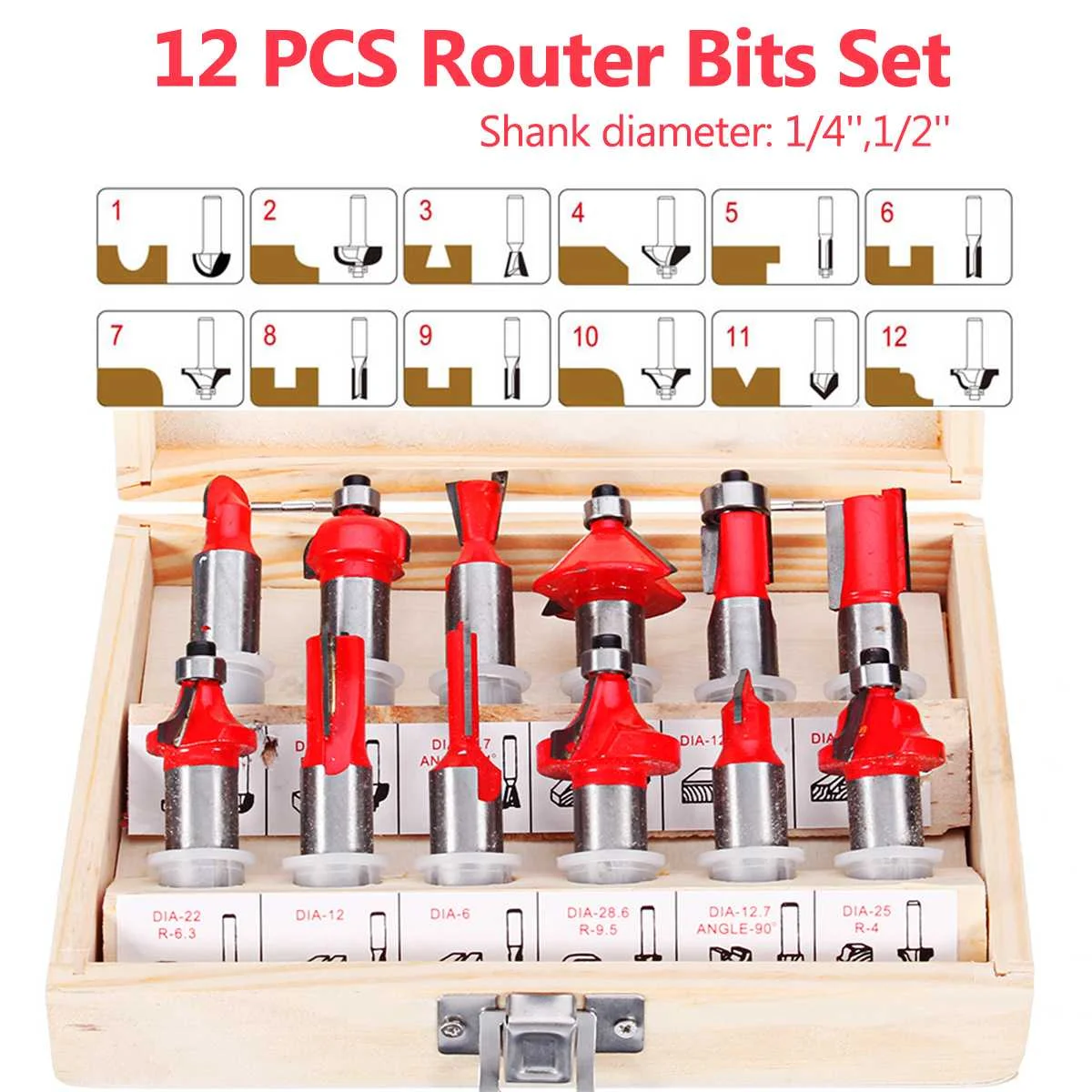

12Pcs 1/4'' 1/2'' Shank Tungsten Carbide Router Bits Woodworking Milling Cutter for Hand Trimmer Wood Router Accessories/ Case