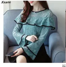 fashion woman blouses 2019 Sexy hollow lace women blouse shirt long sleeve green lace ladies tops blusas feminine blouse Xnxee lace hollow bowknot blouse