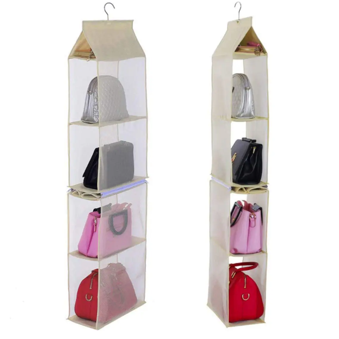 Detachable 4 Compartment Pouch Hanging Handbag Organizer Clear Purse Bag Storage Holder Wardrobe
