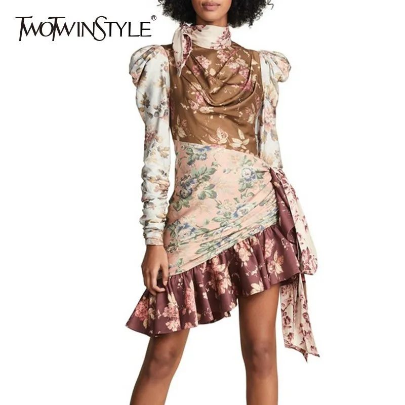 

TWOTWINSTYLE Print Dresses Female Puff Sleeve High Waist Hollow Out Lace Up Asymmetrical Ruffle Dress Women Autumn 2018 Fashion