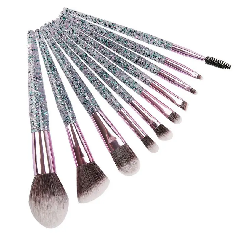 

10 Pieces Makeup Brush Set Shiny Crystal Liquid Quicksand Glitter Acrylic Handle Nylon Hair Eye Natural Beauty Makeup Tool