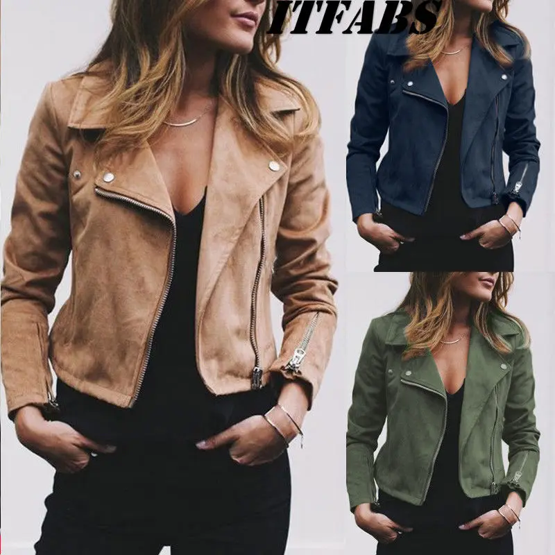 

2019 Newest Women's Ladies Suede Leather Jacket Flight Coat Zip Up Biker Casual Tops Clothes Jackets Coats