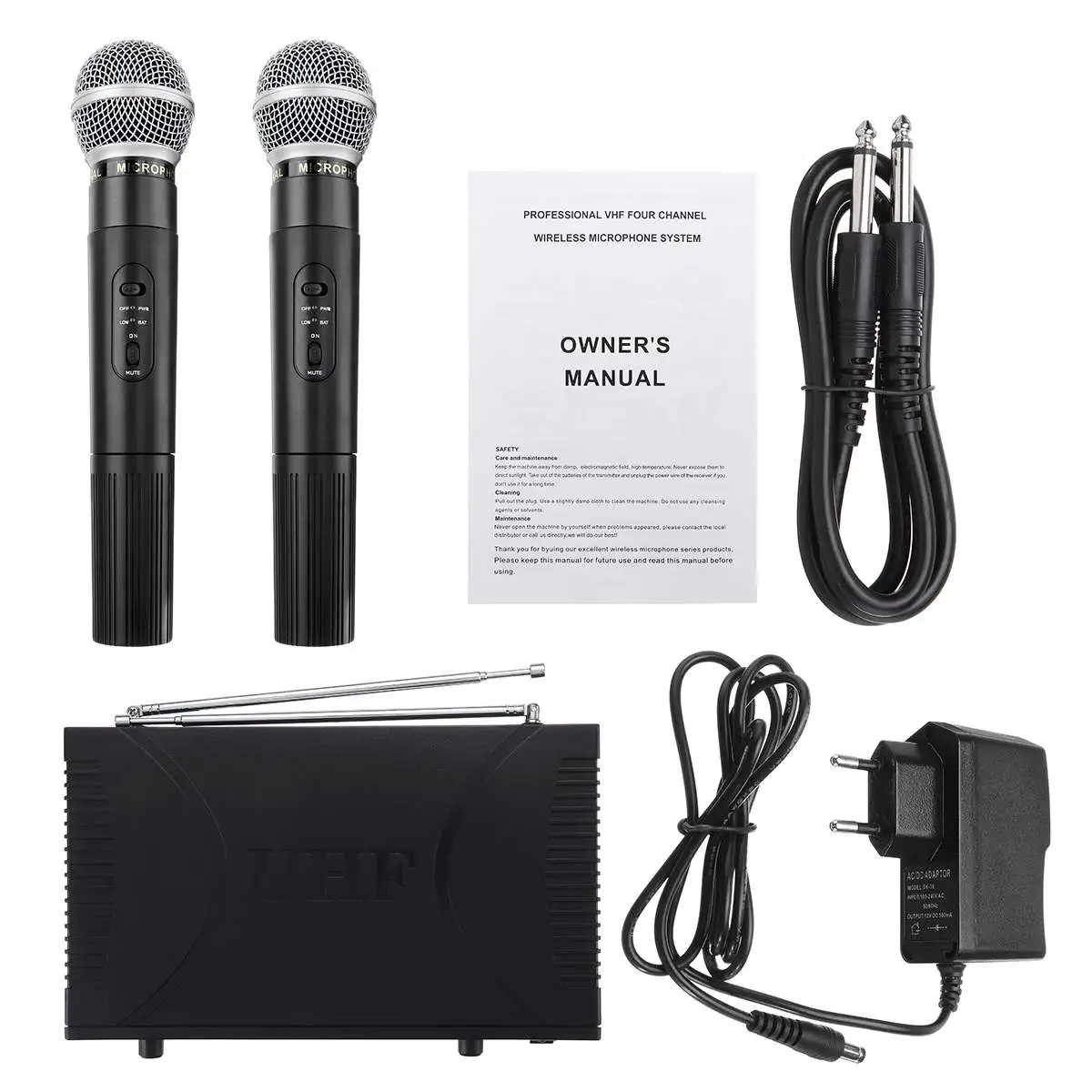 

220V EU/UK/US Plug UHF 2 Channel Professional Wireless Microphone Cordless System Handheld Karaoke for KTV