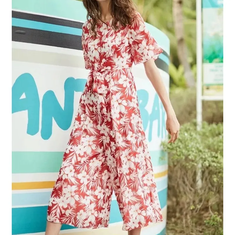 2019 лето новый цветочный принт широкие брюки Комбинезоны женские с круглым вырезом Пояса пляжный комбинезон повседневные Свободные