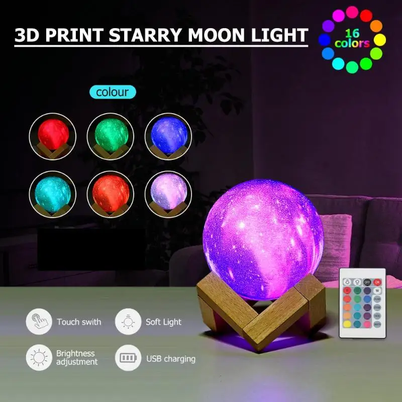 

3D LEDs Moon Lamp 16 Colors Change Touch Switch+Remote Control Bedroom Night Light USB Rechargeable Decor Light