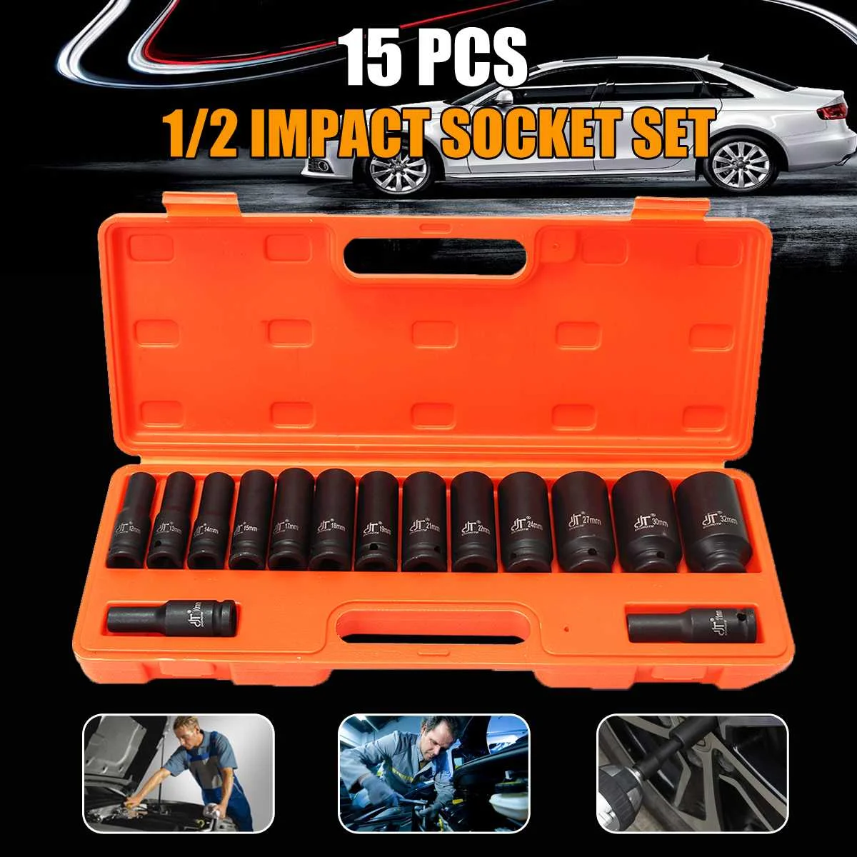 

15pc 1/2" Inch Drive Deep Impact Metric Socket Set Air Garage Sockets 10-32mm