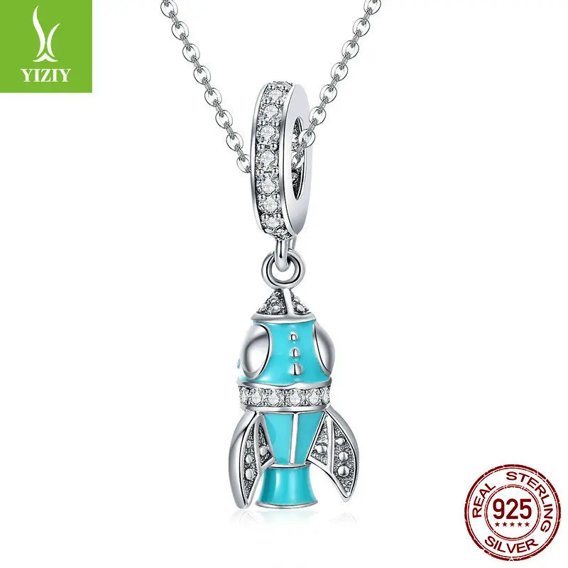 

Genuine 925 Sterling Silver Valor Rocket Light Green Blue Enamel Necklace For Women Diy Jewelry Making