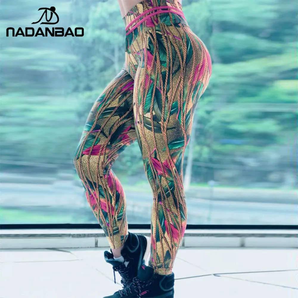 NADANBAO رفع عالية الخصر النساء طماق يترك طباعة الرياضية اللياقة البدنية يغطي الرجل زائد حجم legins للمرأة السراويل