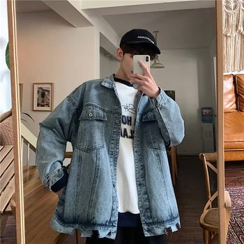 

2019 Korean Style Men's Cowboy Streetwear Bomber Denim Jacket Male Loose Coats Fashion Trend Work Clothes Blue Windbreaker M-2XL