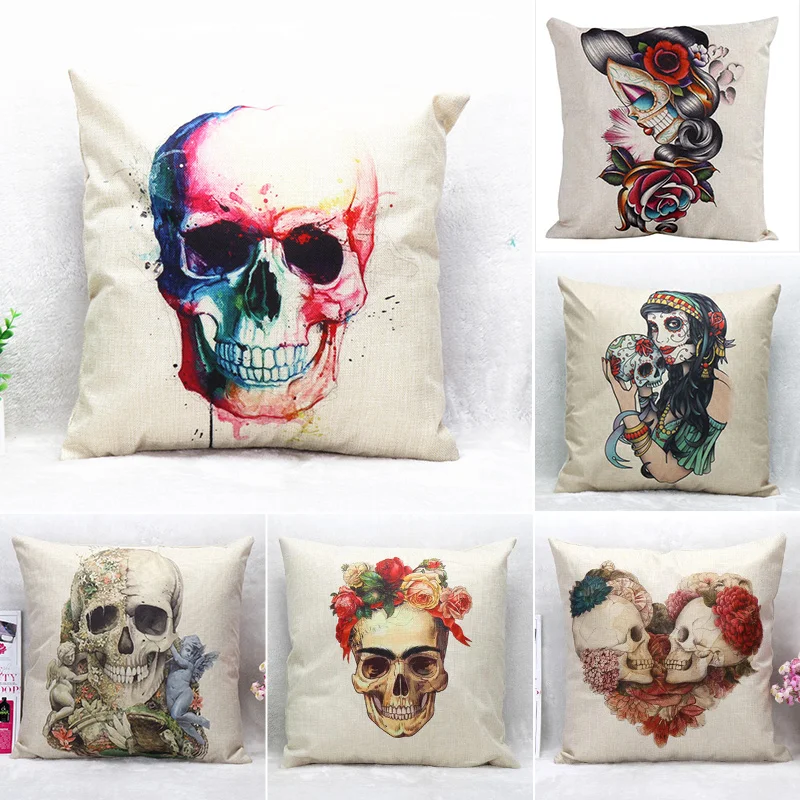 

Animals Cushion Cover Cotton Linen Throw Pillow Case Skull Words Cushion Covers Bar Sofa Home Decor
