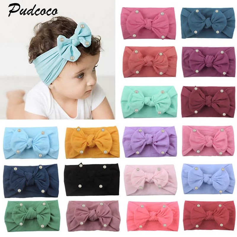

2019 Brand Cute Newborn Baby Toddler Girls Bow Headwear Princess Pearls New Headband Hair Band Accessories Headwear 21 Colors