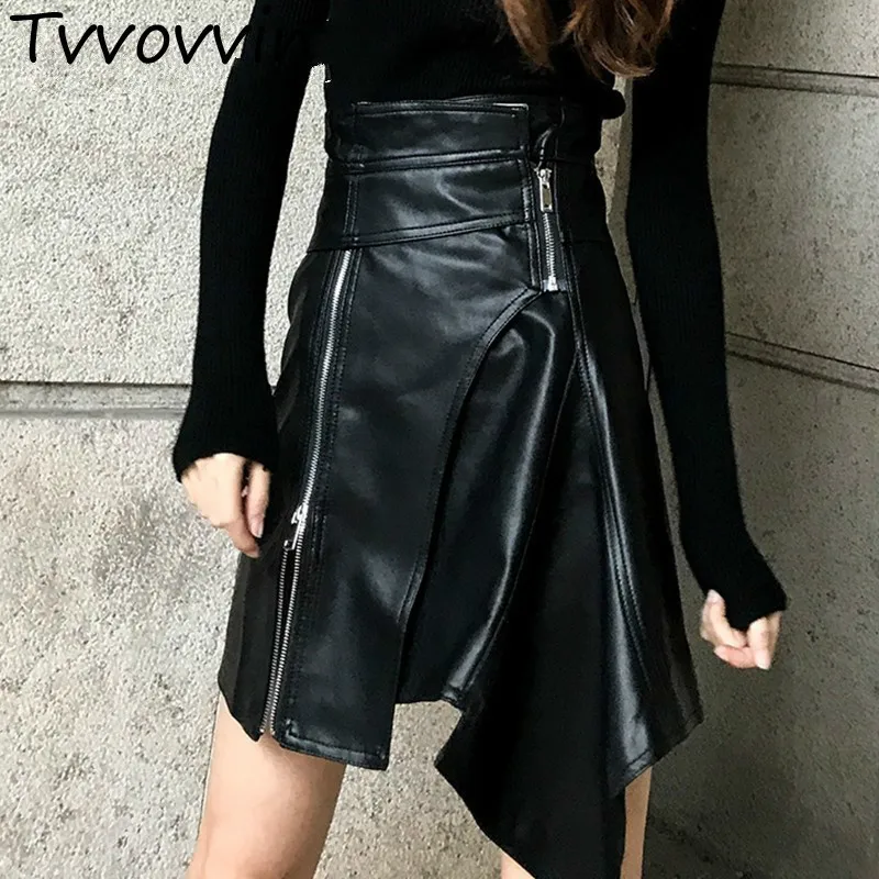 

TVVOVVIN Irregular PU Leather Black Skirts Female High Waist Asymmetrical Women's Skirt Korean Tide 2019 Autumn L284