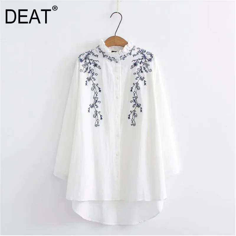 [DEAT] 2020 spring New Arrival Fashion Ruffled Embroidery Casual Irregular Hem Single Breasted Women Shirt Lady Blouse KB702 | Женская