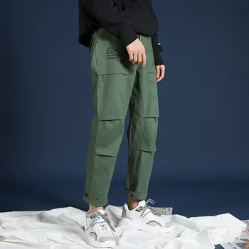 

2018 Men's Cotton Harem Casual Pants Cargo Pocket Letter Printing Trousers Black/green Color Joggers Sweatpants Big Size M-5XL