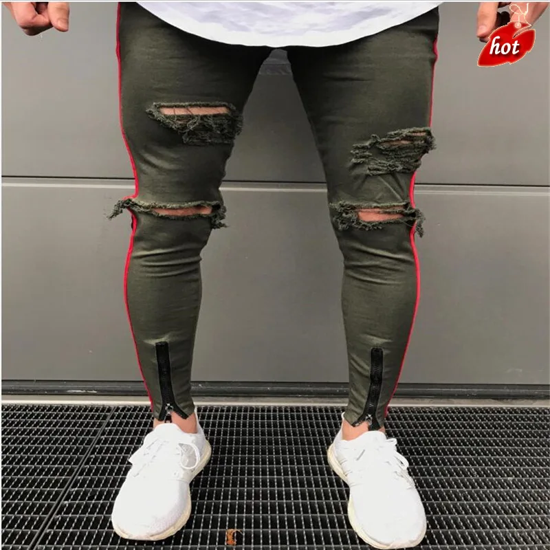 Casual Men Jeans Straight Slim Cotton High Quality Denim Jeans Men Ripped Keen Hole Zipper Jeans Pants Black Jeans O8R2