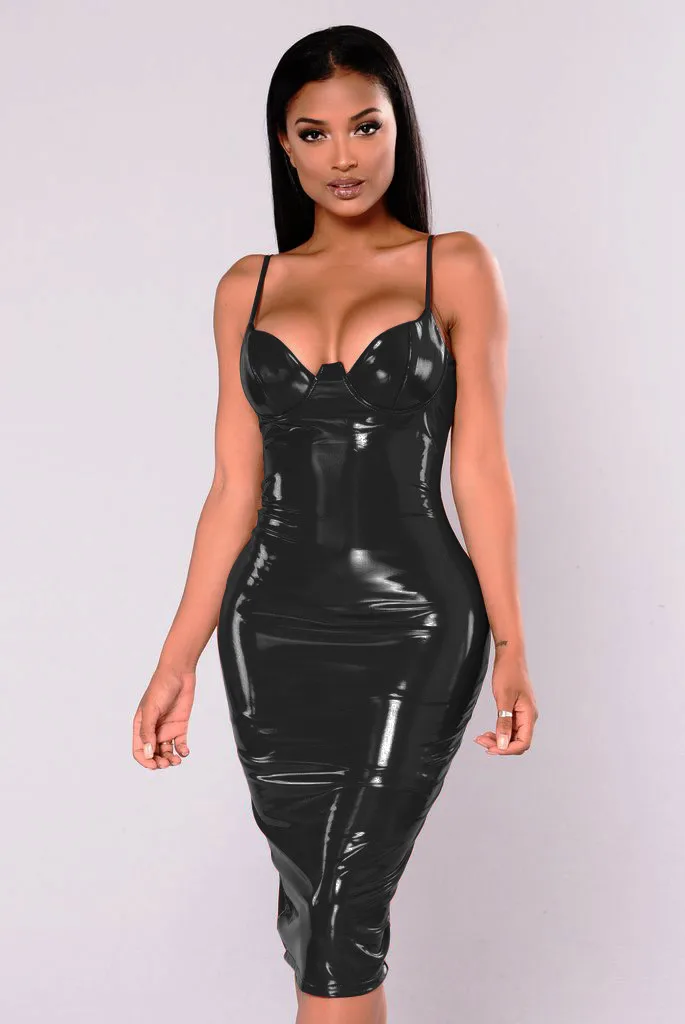 

Women's Red Black Zip Up Shiny VINYL PVC Dress Bodycon Clubwear