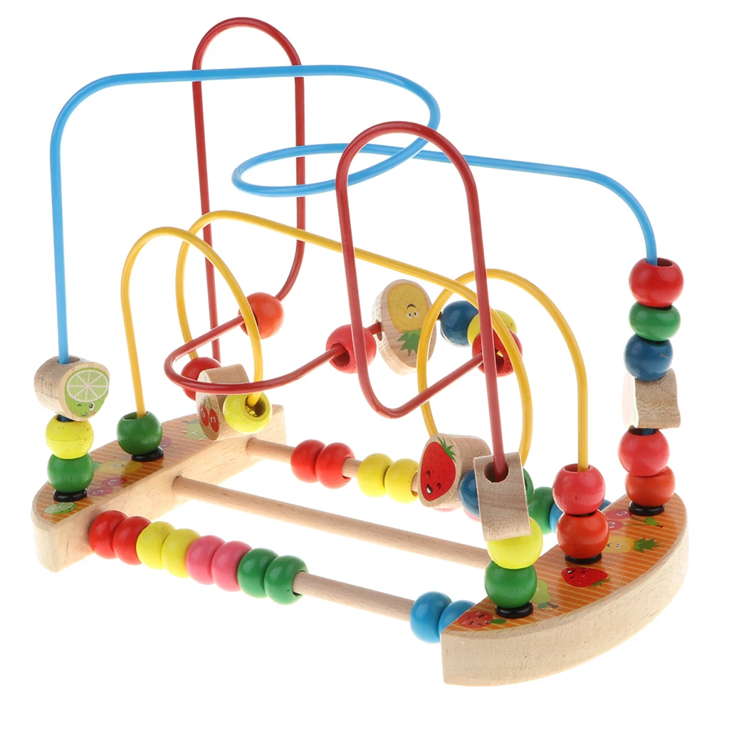 Baby Activity Bead Maze Puzzle, Toddler Baby Wooden Roller Coaster Sliding Beads Game Developmental Toy - Fruits