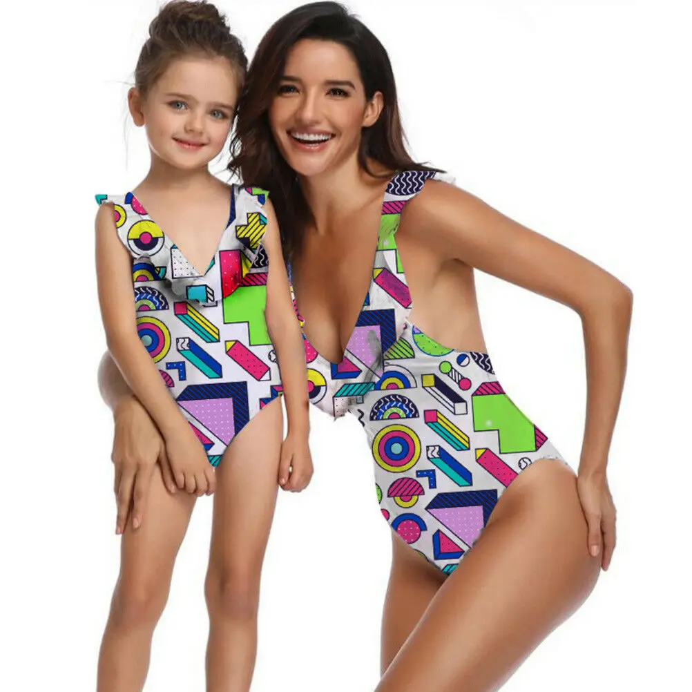 

Family Matching Swimsuit Women Kids Girls One-piece Swimwear Beachwear Bathing Suit