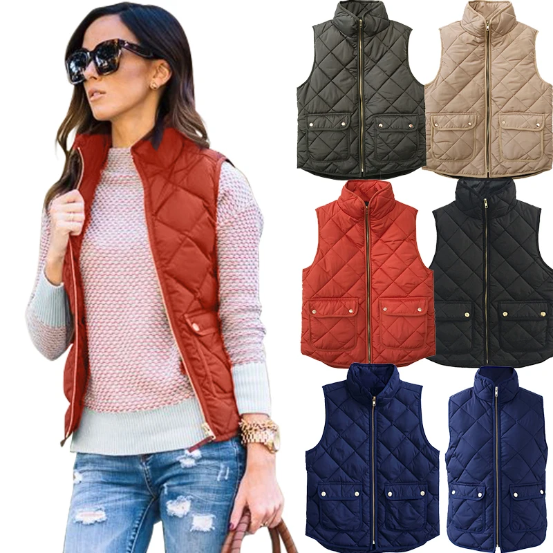 2018 Winter Women Sleeveless Quilted Jacket Waistcoat Vest Stand Collar Zip Up Pockets Gilet Overcoat Outwear Female Warm Coat