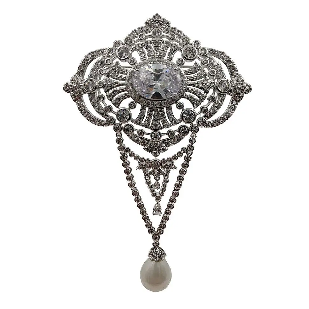 Preise Girandole Vintage Stil Triple Schleife Art Deco Oval Tropfen Brosche Silber Ton Mikro Pflastern Klar CZ Oval Baumeln Pins Edwardian schmuck