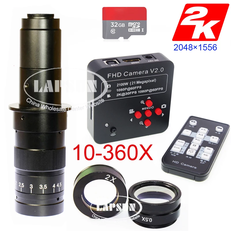 Lapsun 10X 360X зум объектив 21.0MP HD промышленный лабораторный микроскоп камера 2K @ 30FPS HDMI