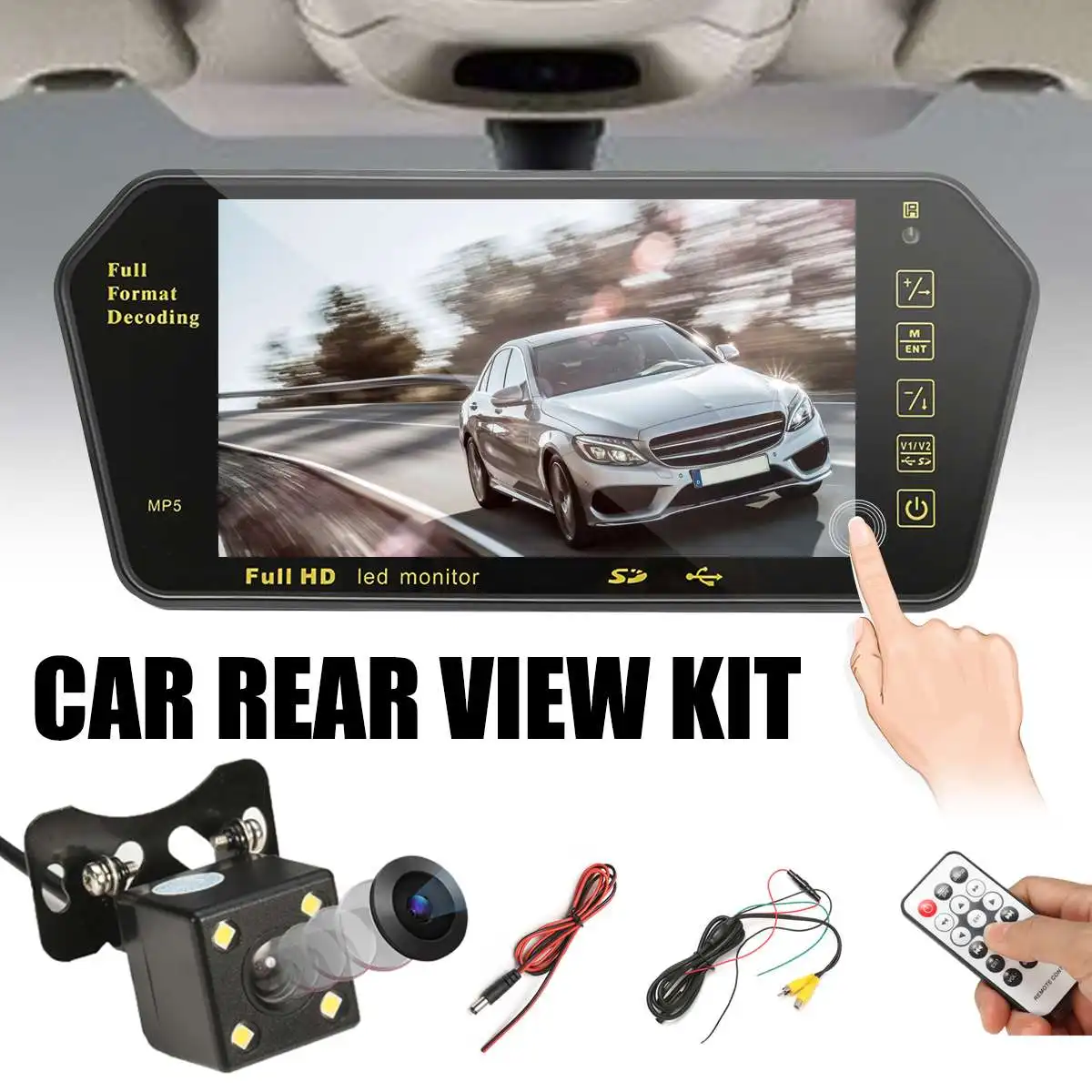 

7 inch TFT LCD Car MP5 Player Video Stereo Rear View Mirror Monitor Support TF/Card Reader + Waterproof Reversing Backup Camera