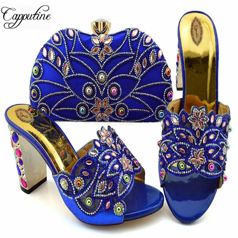 

New Arrival Rhinestone Party Shoes And Purse Set African Style Woman Gold Color High Heels Shoes And Bag For Wedding FN1902