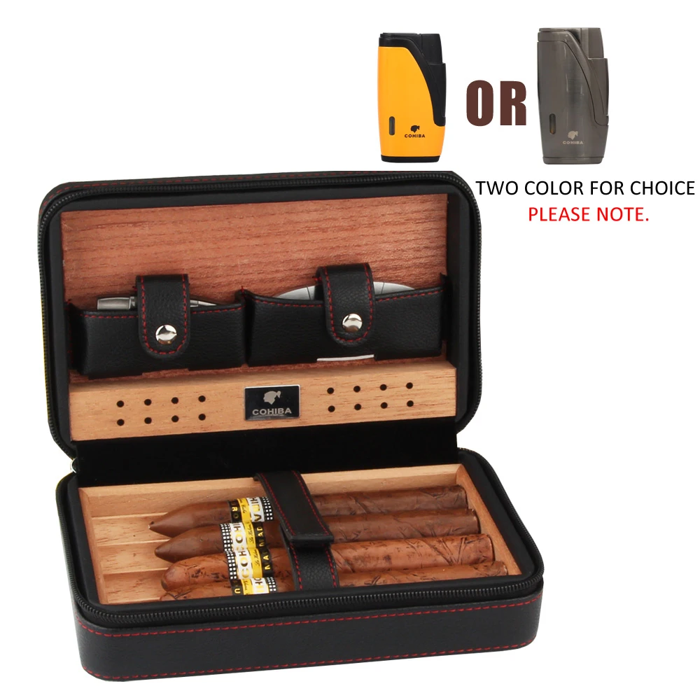 Cohiba Портативный кожаный дорожный Чехол для сигар из кедрового дерева, линированный хьюмидор, фонарь, зажигалки для сигар, резак, набор с увлажнителем